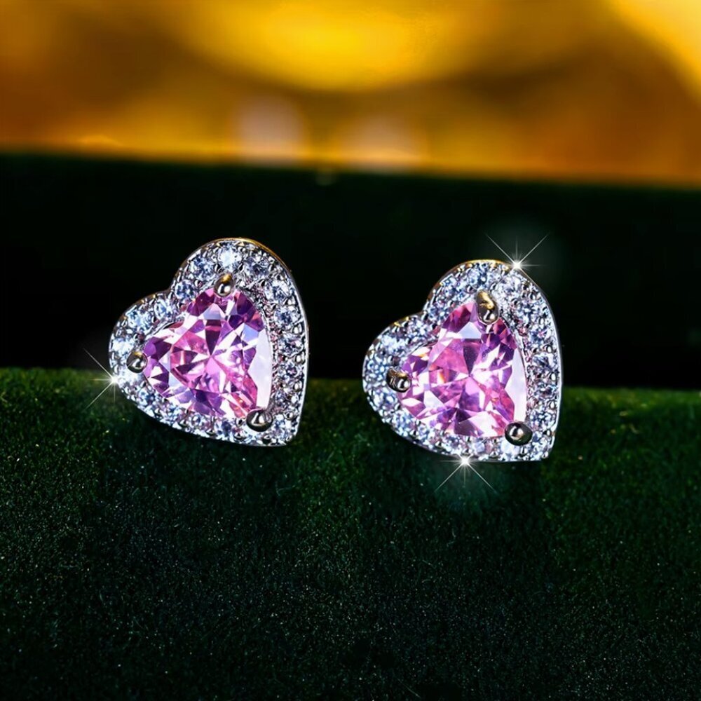 NEW 14k White Gold Pink Sapphire Diamond Earrings Heart Stud Earrings - Picture 6 of 6